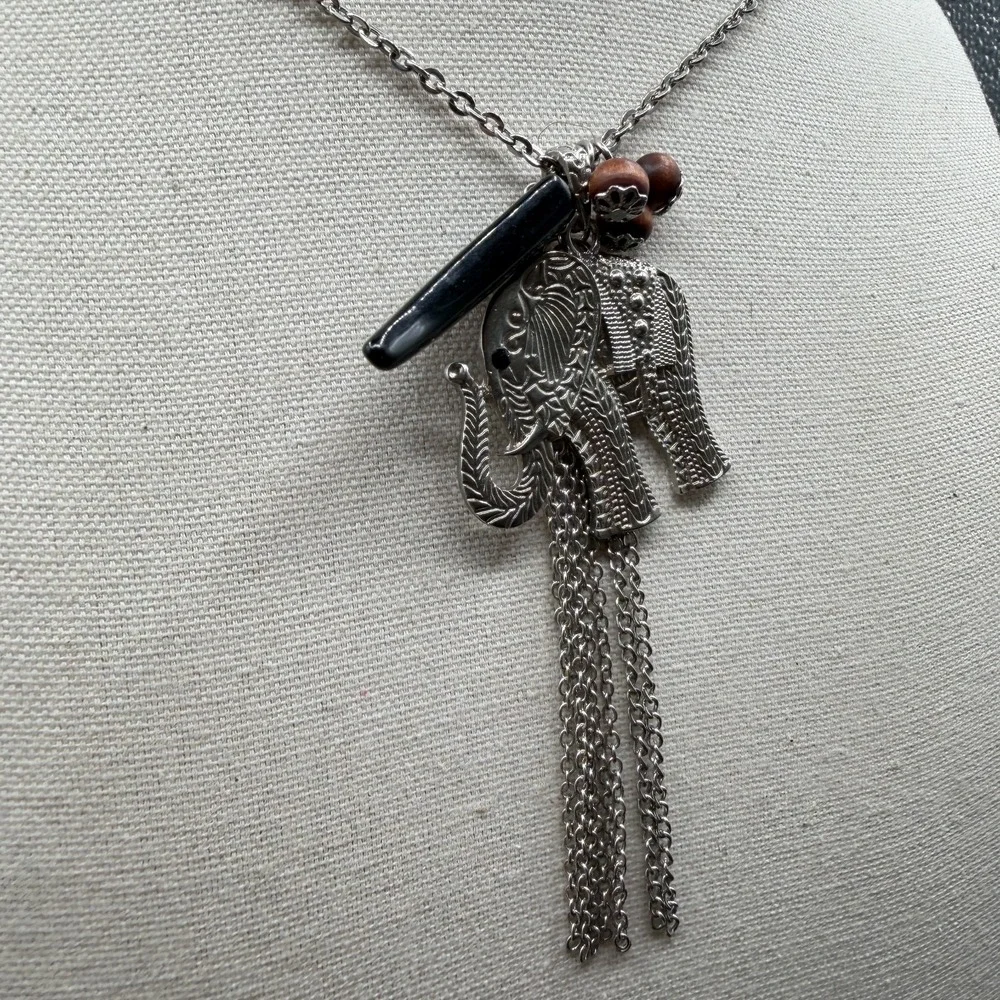 Elephant Statement Necklace Silver Tone Black Tusk Wood Beads Boho Tassel Gift